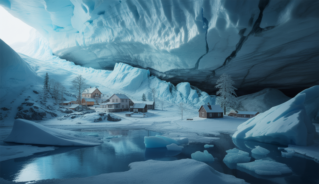 Image dramatique illustrant l'effondrement du glacier Birch en Suisse avec Blatten partiellement enseveli