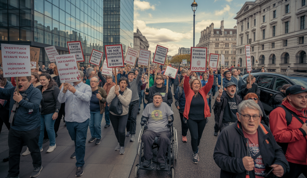 Manifestation devant le Parlement britannique contre les coupes dans les allocations pour personnes handicapées avec des pancartes et une foule diverse exprimant l'opposition politique et sociale.