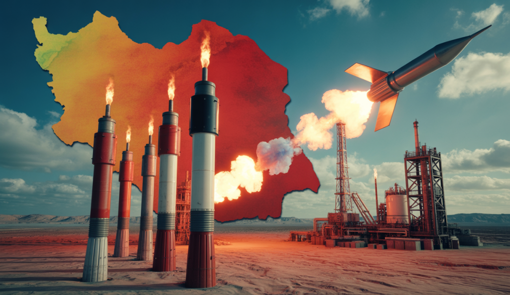 Graphique montrant une hausse spectaculaire des prix du pétrole en juin 2025, illustrée par des barils de pétrole avec un fond de carte du Moyen-Orient et missiles en arrière-plan symbolisant les frappes américaines en Iran.