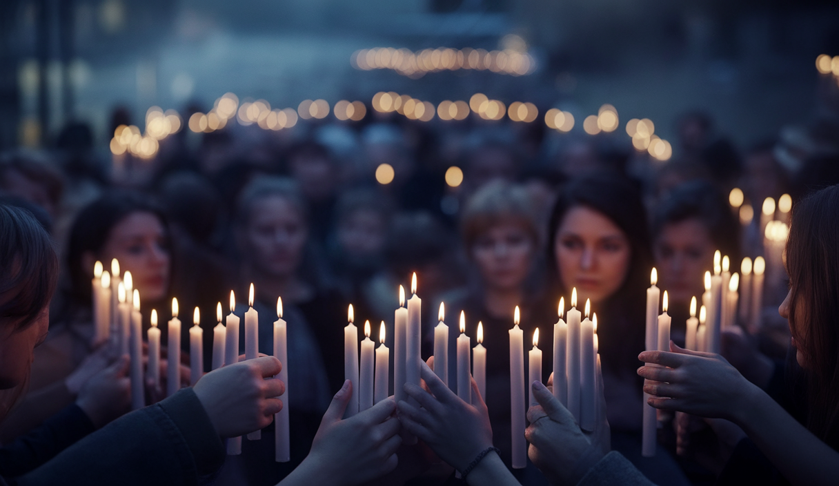 Scène d'un rassemblement silencieux en hommage, la nuit, illuminé par des bougies