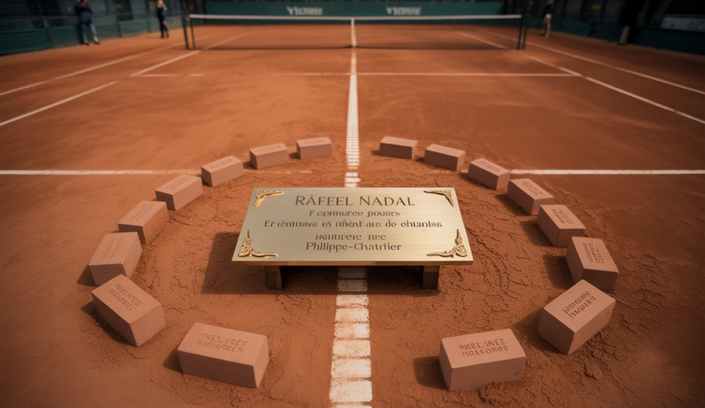 Plaque commémorative dédiée à Rafael Nadal sur le court Philippe-Chatrier