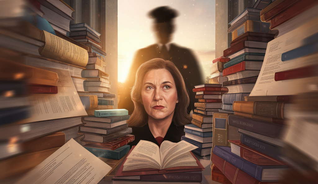 Illustration émotive de Virginia Giuffre avec des lumières tamisées et une atmosphère réfléchie