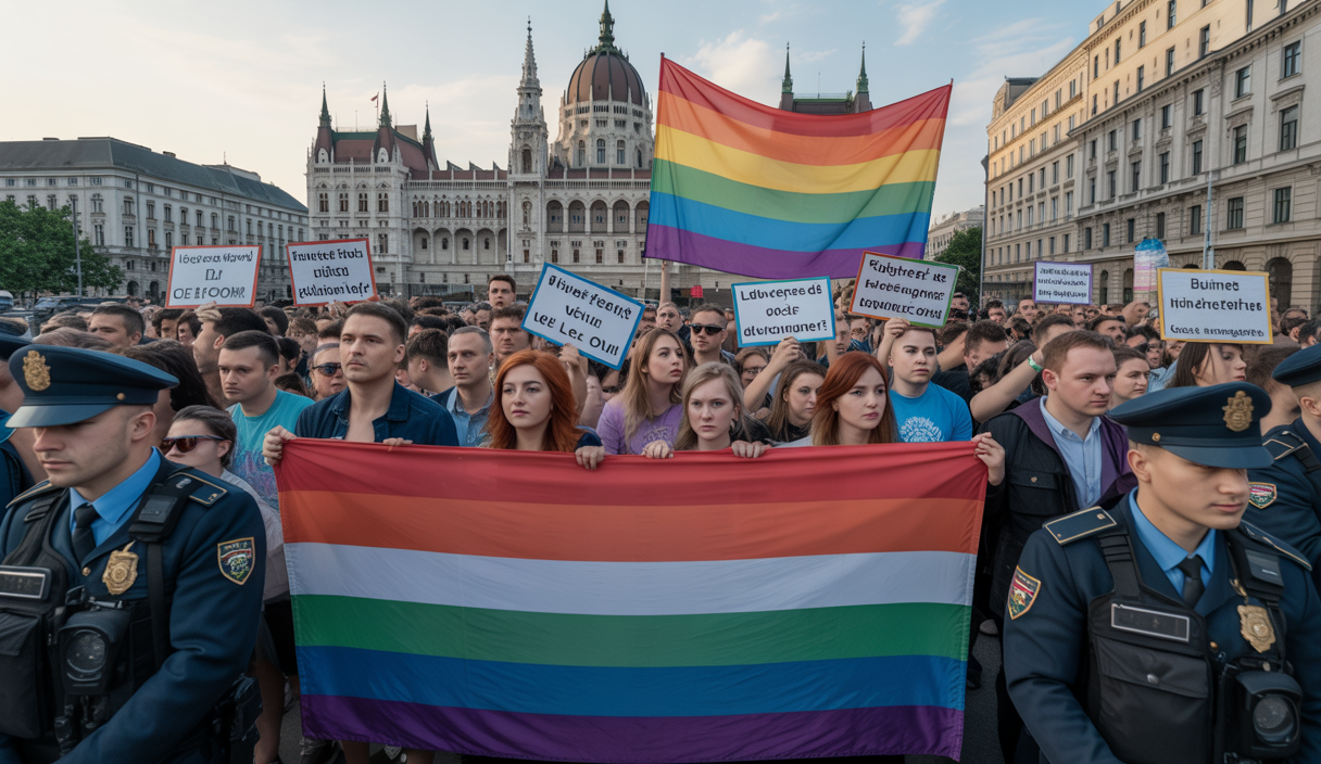 Manifestation de protestation à Budapest contre l'interdiction des événements Pride et la surveillance accrue des participants par le gouvernement hongrois en 2025