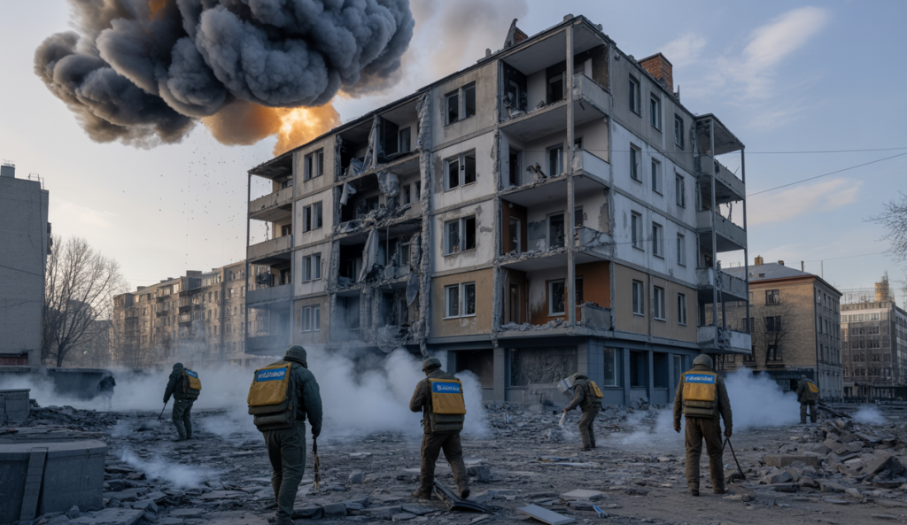 Immeuble résidentiel effondré à Kiev après des frappes russes nocturnes, avec des secouristes en action dans les décombres, fumée et débris visibles