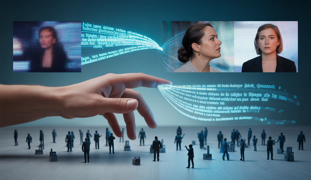 Illustration d'une main entourée de données numériques et de chaînes symbolisant la désinformation via l'IA.