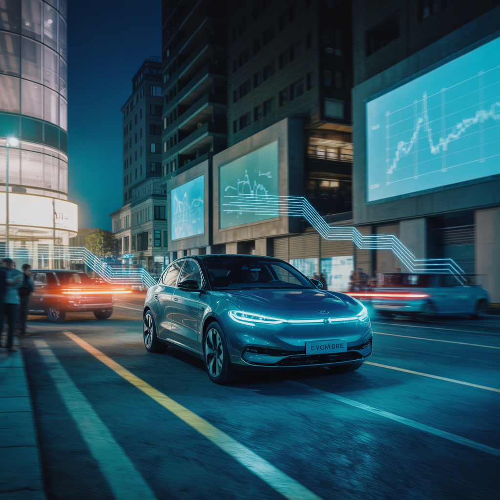 Illustration futuriste montrant l'impact économique des tarifs sur Ford et l'industrie automobile en 2025