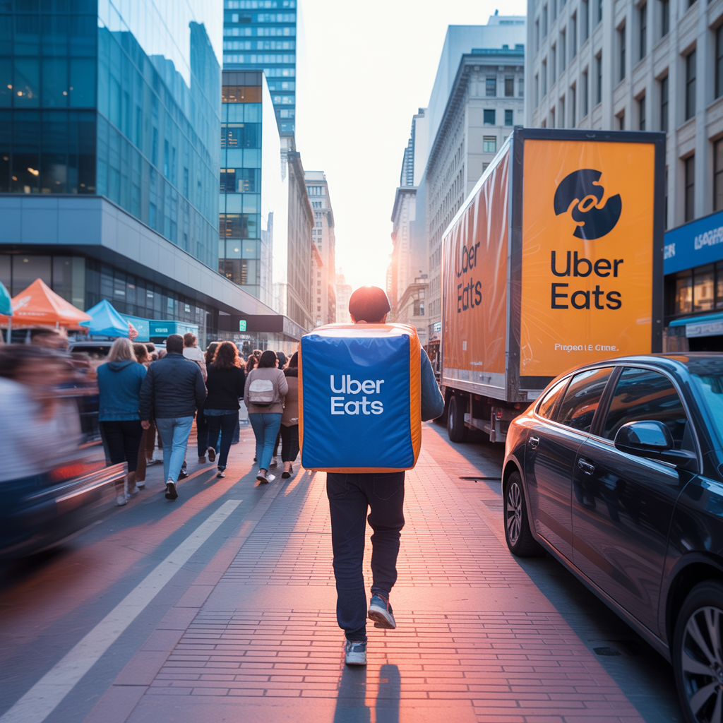 Livreur Uber Eats avec un casque, portant un sac isotherme, traversant une rue urbaine animée
