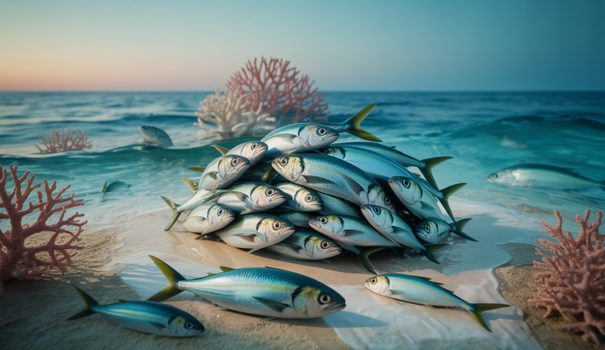 Illustration détaillée de sardines affectées par le réchauffement climatique
