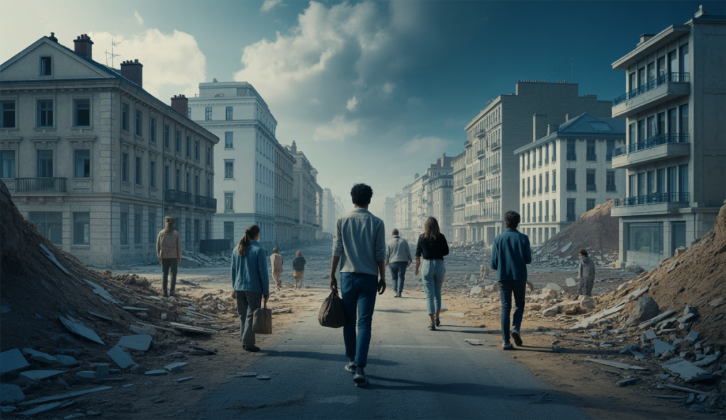 Illustration dramatique des répercussions d'un séisme à Lima avec des paysages urbains dévastés.