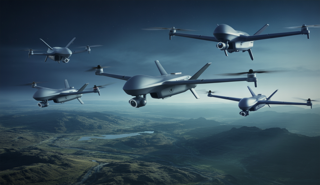 Illustration de drones dans le ciel nocturne, symbolisant leur impact sur les stratégies militaires.