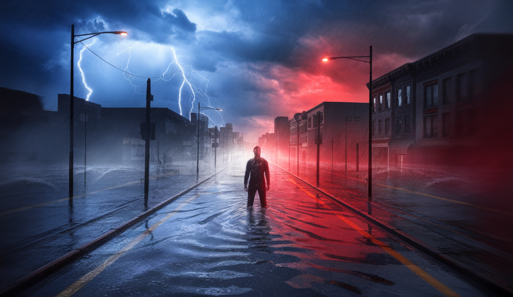 Illustration symbolique d'événements climatiques extrêmes impactant la vie quotidienne