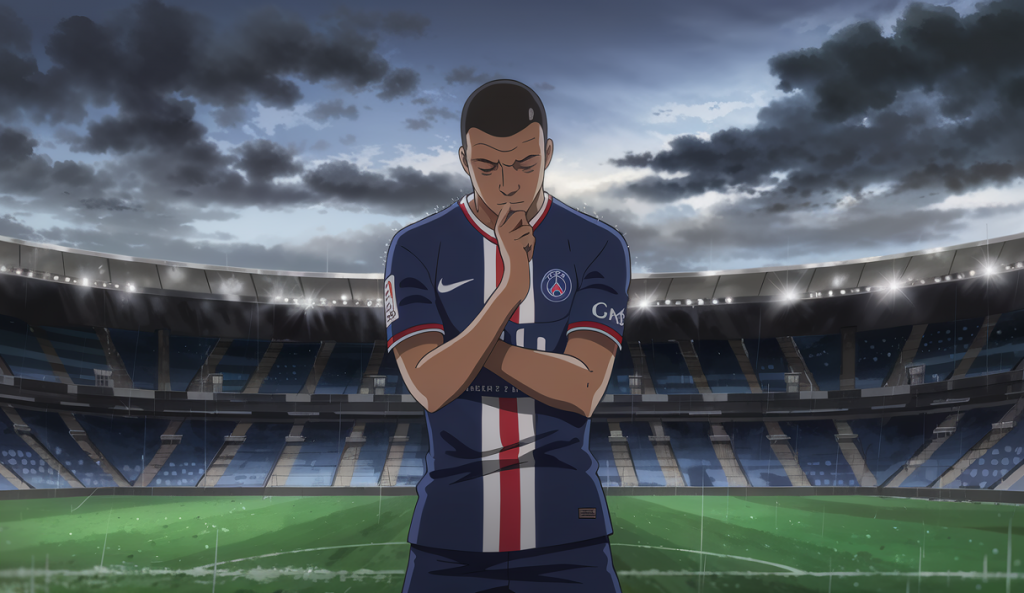 Kylian Mbappé pensif sur un terrain de football mouillé sous un ciel orageux