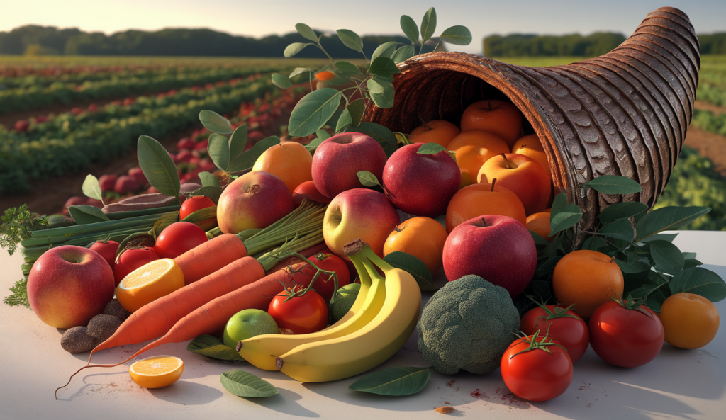 Illustration vibrante représentant l'importance de consommer cinq fruits et légumes par jour.