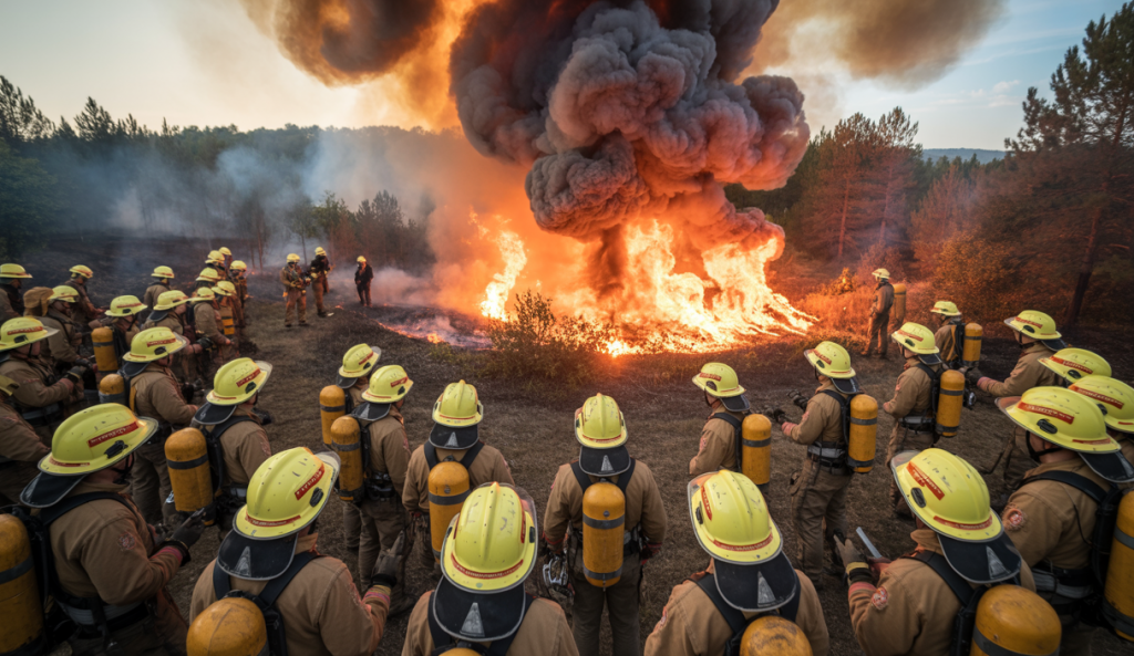 Incendie de forêt en Ardèche avec pompiers au travail