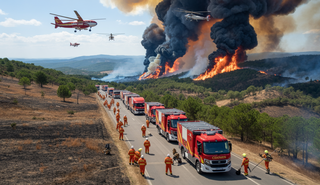 Vue aérienne dramatique d'un immense incendie dans le massif des Corbières, Aude, avec des flammes rouges-orangées dévorant une vaste étendue de forêt et garrigue, des pompiers mobilisés au sol et avions bombardiers d'eau en vol