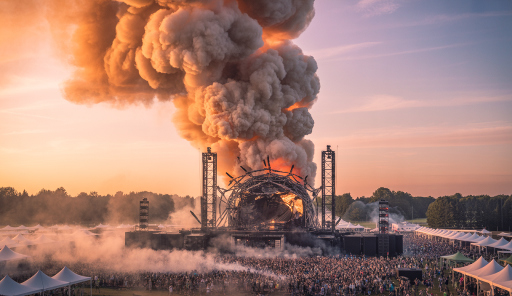 Scène principale détruite par un incendie spectaculaire au festival Tomorrowland 2025 en Belgique avec fumée noire dense au coucher du soleil