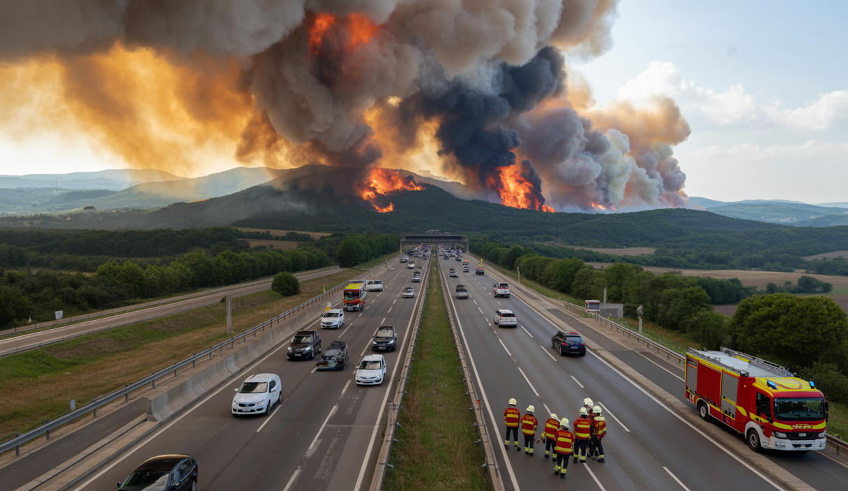 Incendies majeurs dans l'Aude provoquant la fermeture des autoroutes A9 et A61 avec plus de 1200 véhicules bloqués, sous un ciel chargé de fumée et des pompiers en action