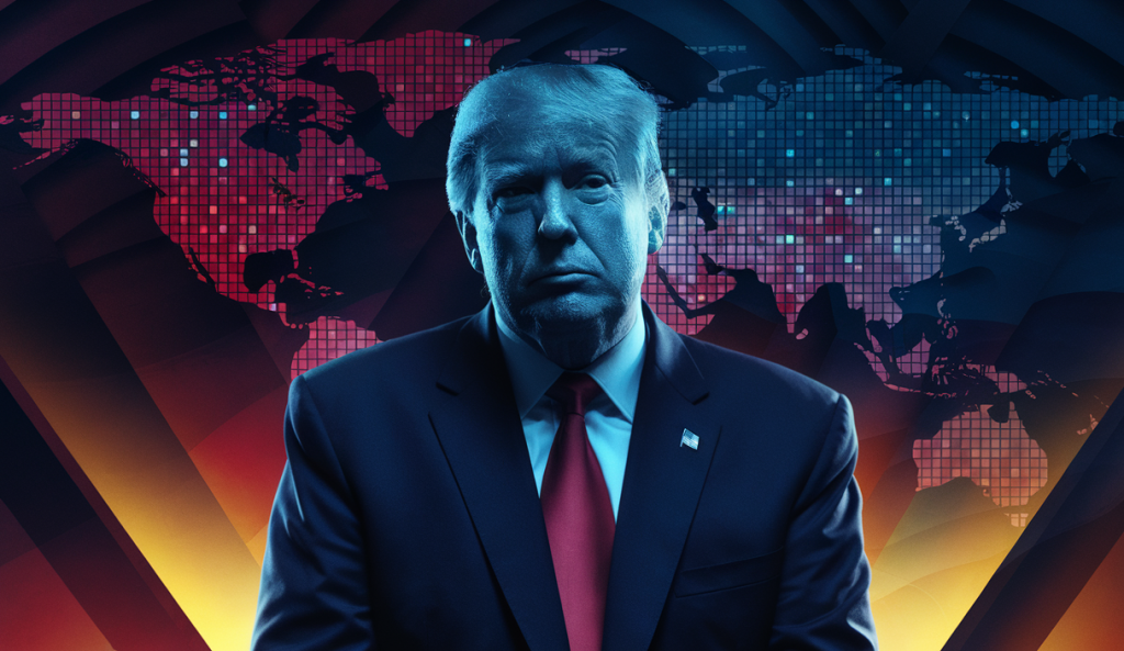 Illustration dynamique de Donald Trump influençant la politique globale