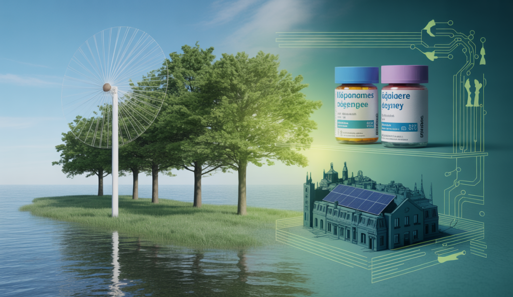 Représentation artistique des avancées en recyclage des médicaments et des éoliennes flottantes en France