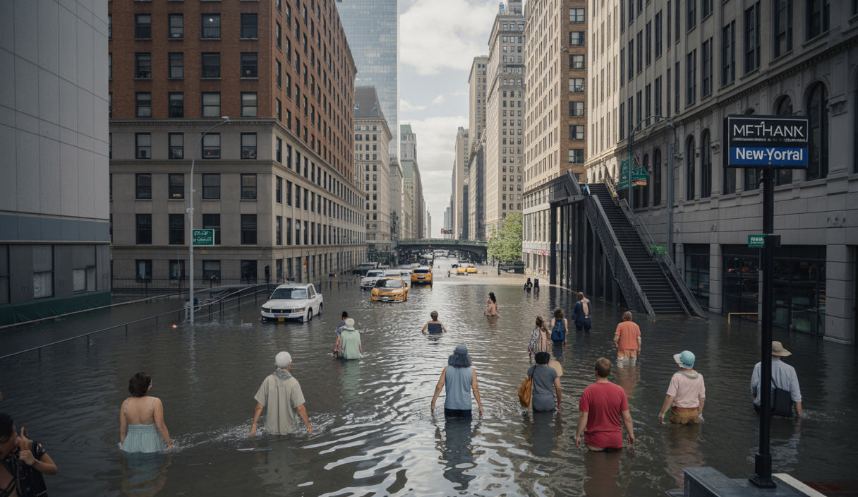 Vue urbaine de New York submergée par des eaux d’inondation après des pluies diluviennes, rues inondées avec véhicules et passants, infrastructures de métro partiellement submergées sous un ciel chargé.