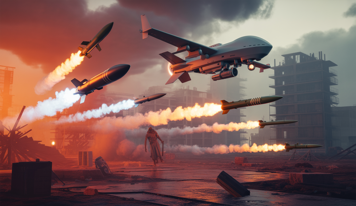 Scène dramatique de guerre avec drones en vol et explosions