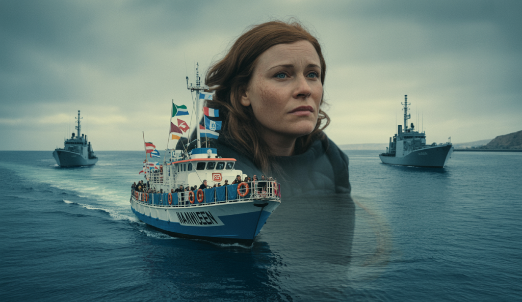 Image artistique de l'interception du bateau humanitaire Madleen par Israël avec Greta Thunberg abord, illustrant les tensions humanitaires et internationales.