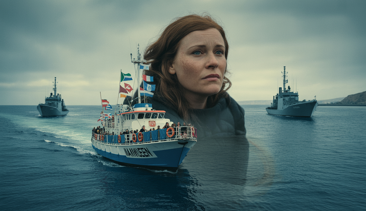 Image artistique de l'interception du bateau humanitaire Madleen par Israël avec Greta Thunberg abord, illustrant les tensions humanitaires et internationales.