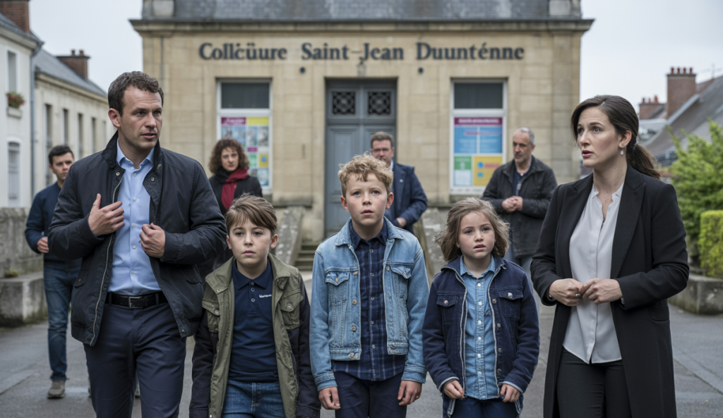 Extérieur du collège Saint-Jean à Saint-Quentin avec des élèves et parents inquiets suite à une intoxication alimentaire grave ayant causé le décès d'une fillette de 12 ans, avec une ambiance sombre et urgente autour des mesures sanitaires en cours.
