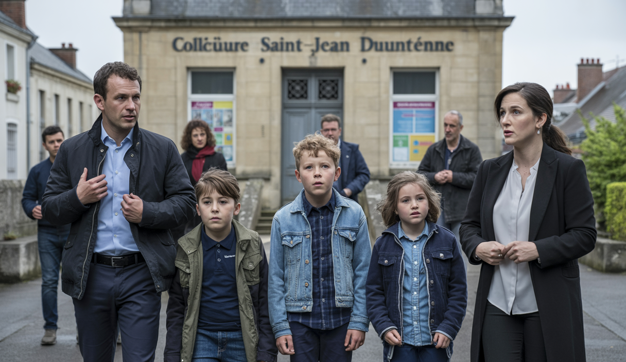 Extérieur du collège Saint-Jean à Saint-Quentin avec des élèves et parents inquiets suite à une intoxication alimentaire grave ayant causé le décès d'une fillette de 12 ans, avec une ambiance sombre et urgente autour des mesures sanitaires en cours.