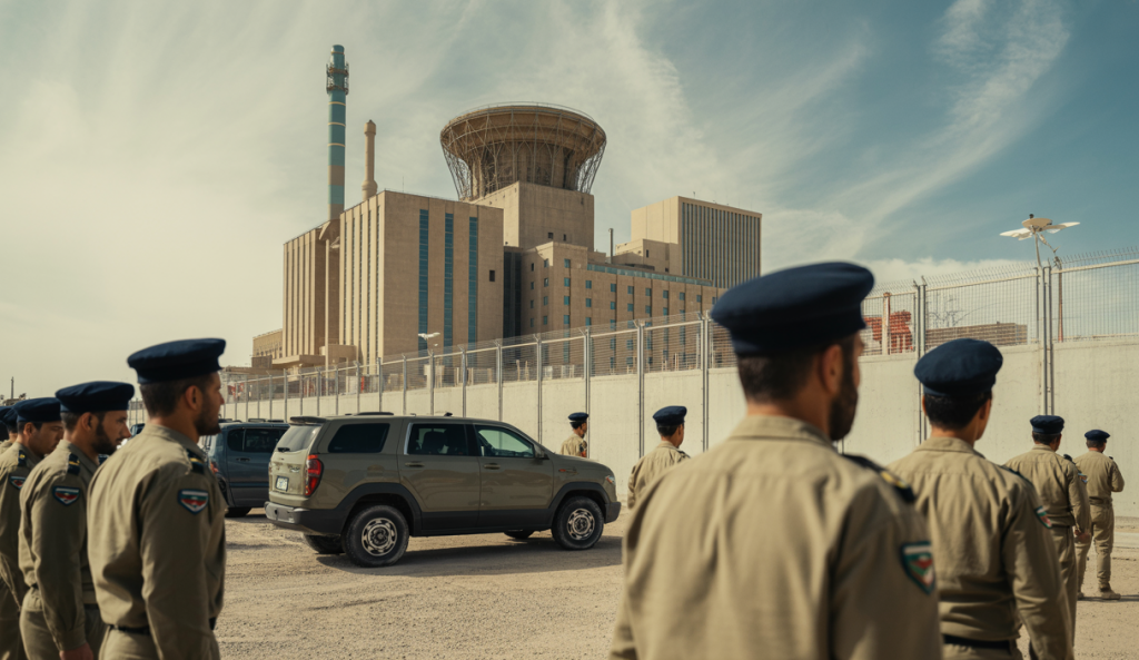 Vue dramatique d'une installation nucléaire iranienne avec des véhicules militaires en alerte sous un ciel chargé évoquant les tensions géopolitiques