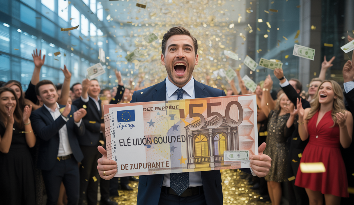 Illustration vibrante d'un gagnant autrichien recevant un jackpot record d'Euromillions.