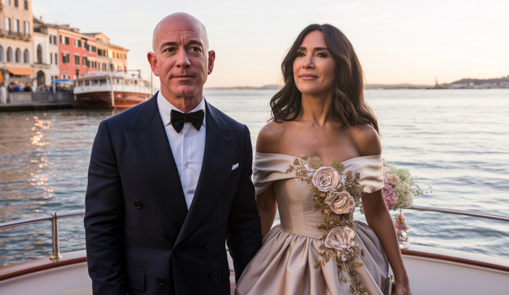 Jeff Bezos et Lauren Sánchez célèbrent leur mariage somptueux à Venise, entourés de célébrités célèbres dans un cadre luxueux et glamour avec des canaux vénitiens en arrière-plan.