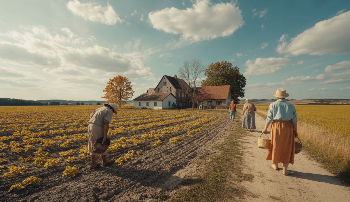 Paysage d'Europe de l'Ouest sous une chaleur extrême en juin 2025, avec champs agricoles asséchés sous un ciel brûlant