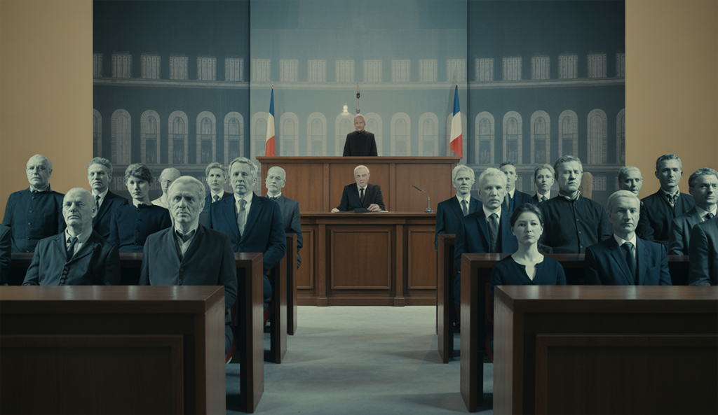 Salle de tribunal dramatique avec ambiance sombre