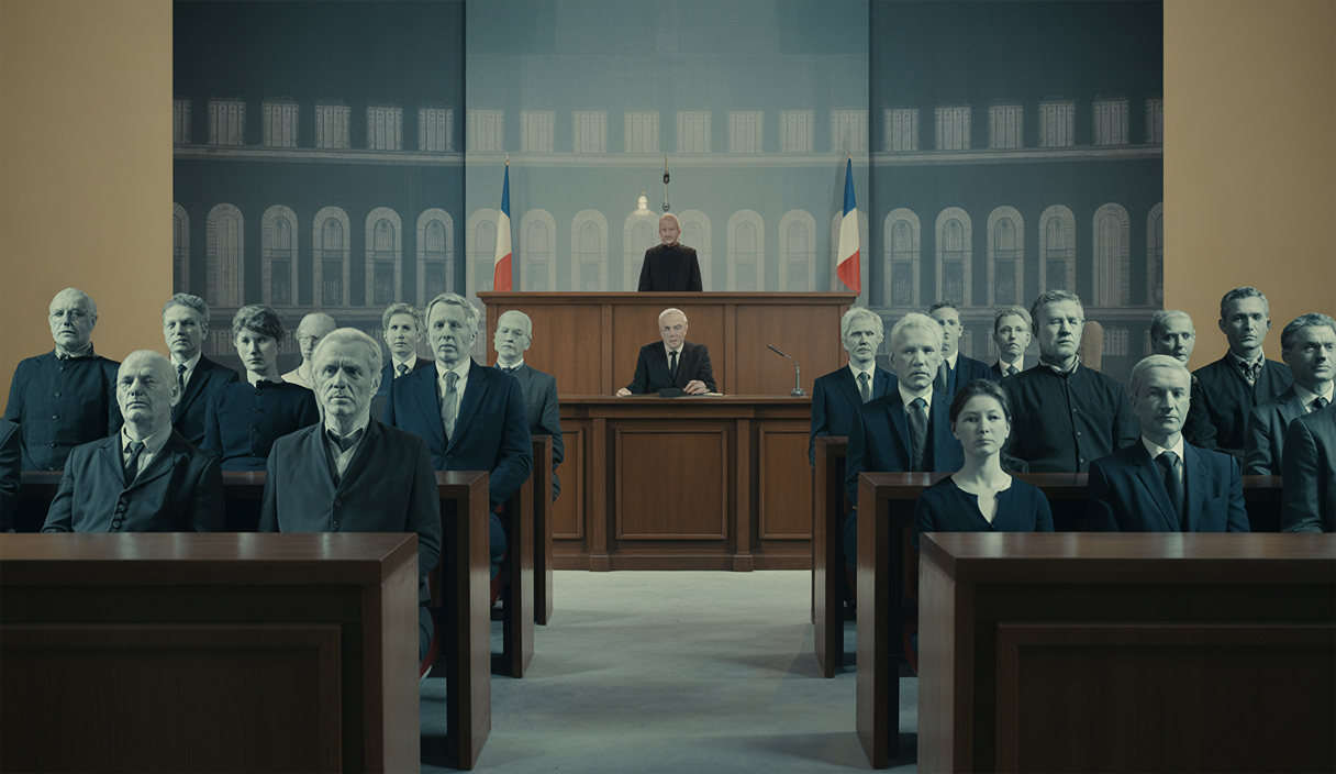 Salle de tribunal dramatique avec ambiance sombre