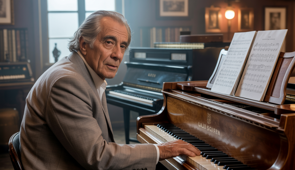 Portrait de Lalo Schifrin, compositeur argentin, célèbre pour le thème de Mission Impossible, assis au piano dans un studio d'enregistrement
