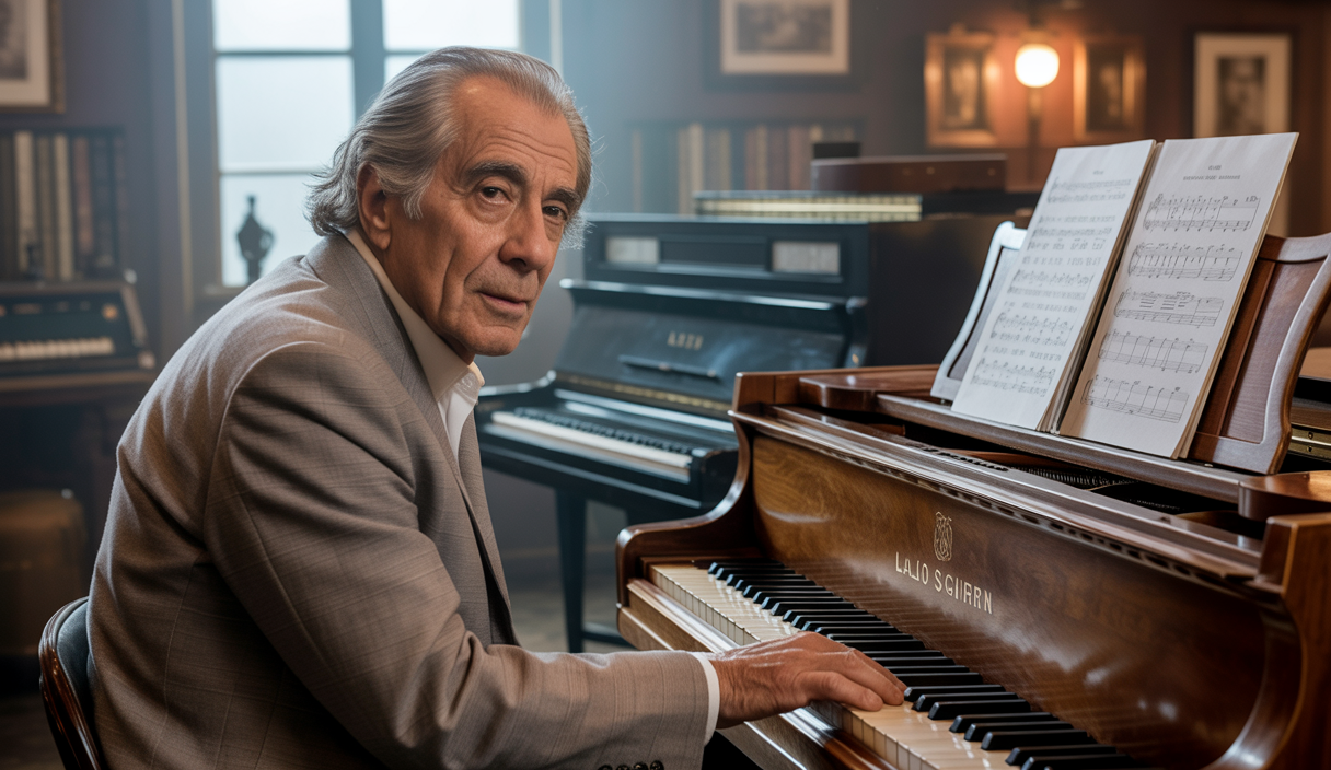 Portrait de Lalo Schifrin, compositeur argentin, célèbre pour le thème de Mission Impossible, assis au piano dans un studio d'enregistrement