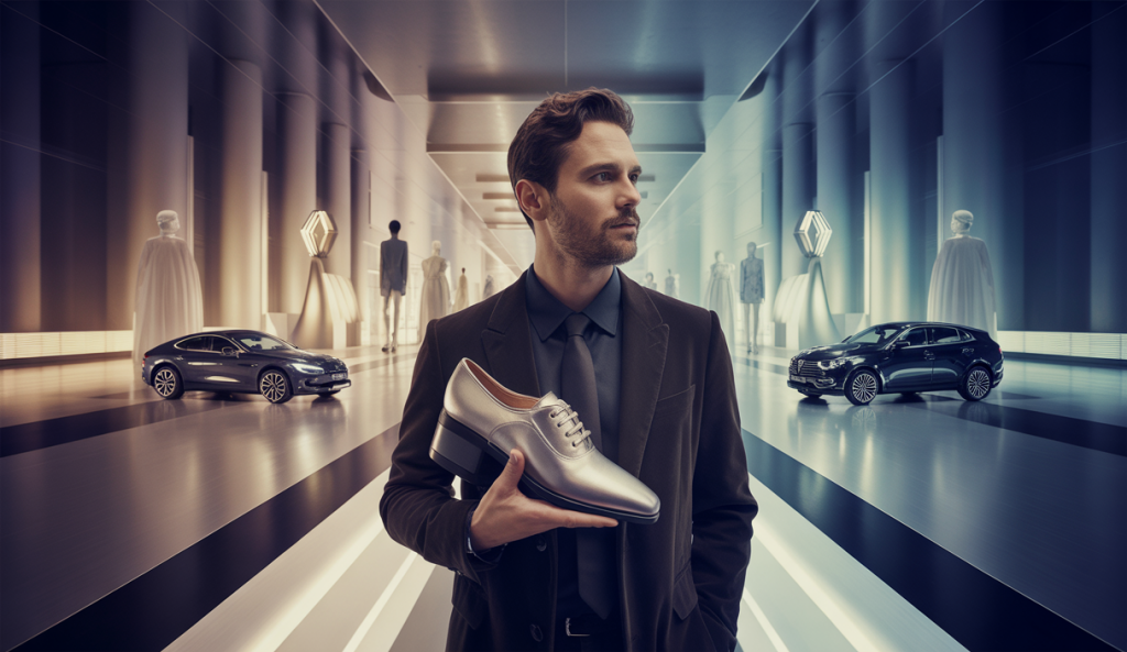 Illustration de Luca de Meo rejoignant le groupe Kering, symbolisant le lien entre l'automobile et la mode.