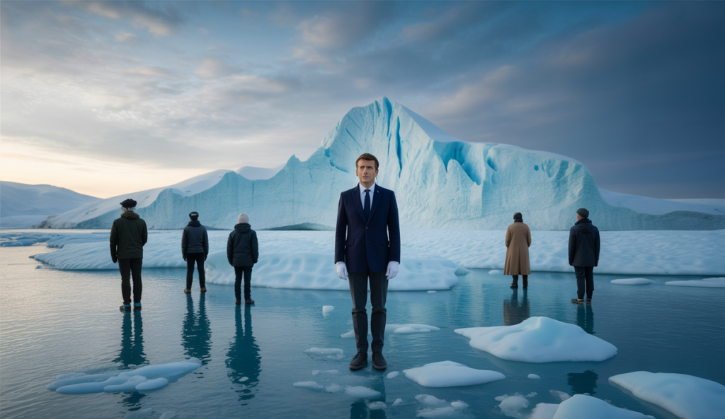 Illustration de la visite d'Emmanuel Macron au Groenland, symbolisant la solidarité européenne dans un contexte géopolitique arctique