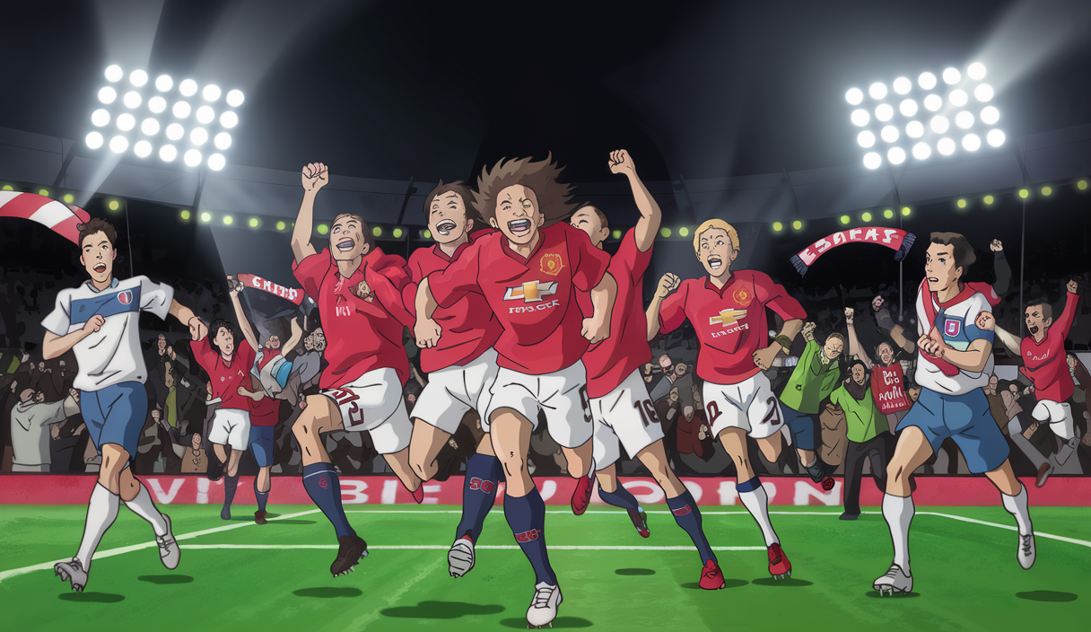 Image illustrant la célébration intense des joueurs de Manchester United après leur victoire 5 à 4 contre Lyon en Europa League.