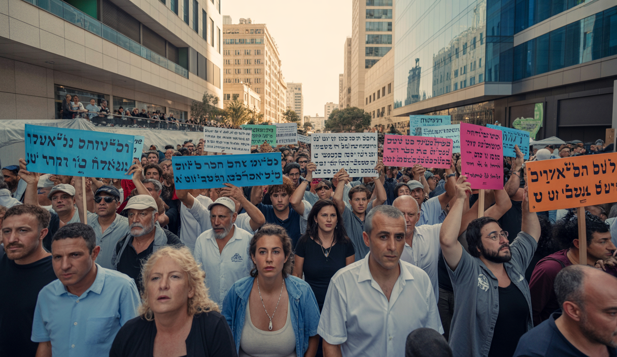 Des dizaines de milliers de manifestants à Tel Aviv demandant la paix et la fin du conflit à Gaza, avec des pancartes et une ambiance tendue révélant les divisions en Israël