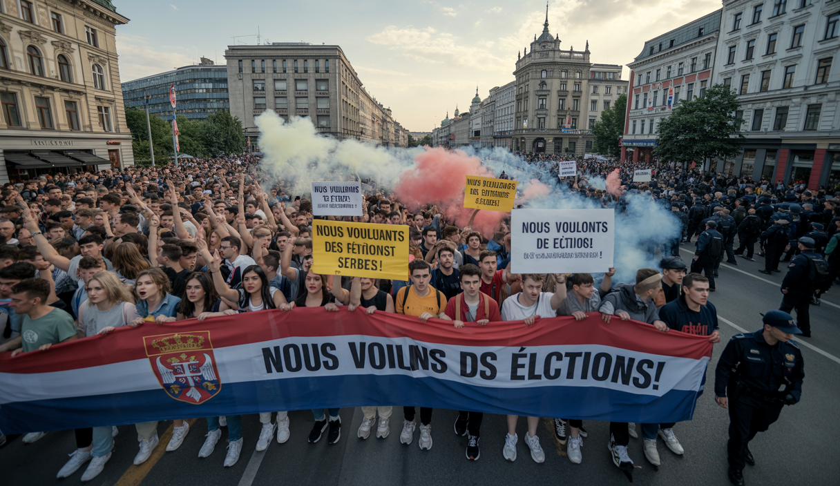 Foule massive de manifestants à Belgrade en Serbie, brandissant des drapeaux serbes et des banderoles pour réclamer des élections anticipées, avec présence policière et tensions en soirée
