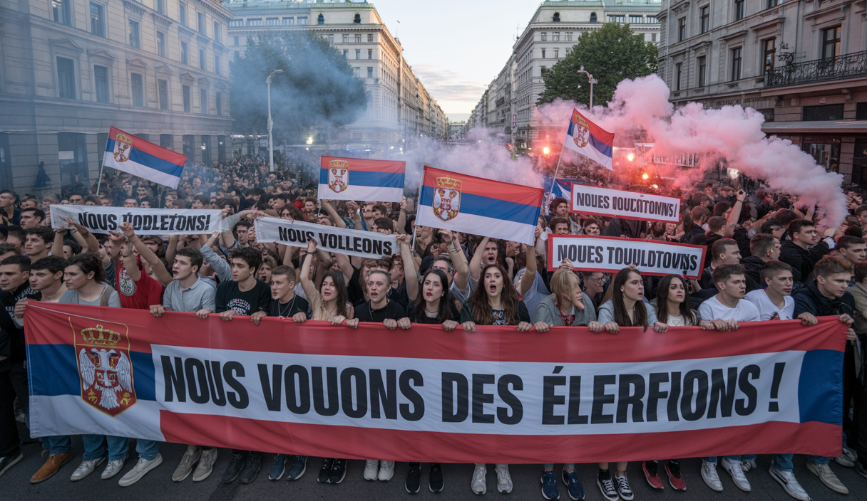 Manifestation massive d'environ 140 000 personnes à Belgrade, en Serbie, réclamant des élections anticipées, avec des heurts entre manifestants et forces de l'ordre utilisant gaz lacrymogènes et grenades assourdissantes.