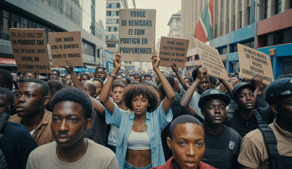 Manifestation massive au Kenya avec des protestataires dénonçant les violences policières, des pancartes réclamant justice et réformes, sous un ciel nuageux dans une rue urbaine animée