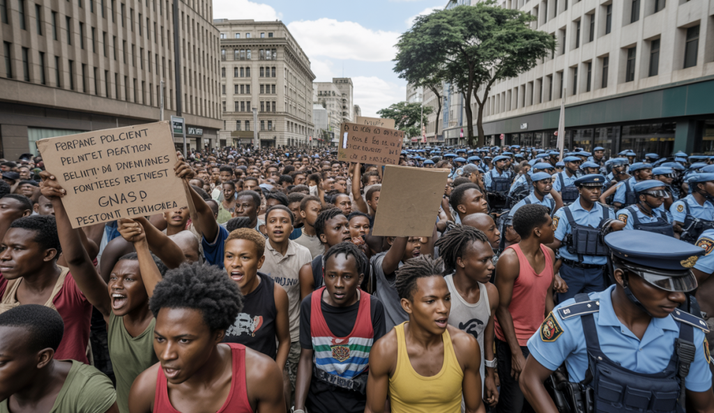 Manifestants kenyans en colère lors d'une manifestation anti-gouvernementale à Nairobi, avec présence policière lourde et tensions visibles