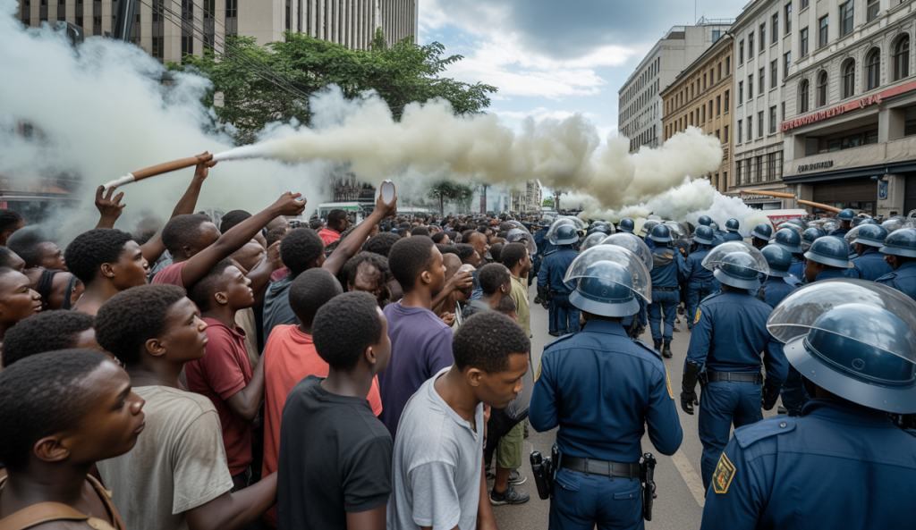Manifestants au Kenya en juin 2025 affrontant la police lors d'une commémoration marquée par une répression sévère, avec des gaz lacrymogènes et des jets de pierres à Nairobi