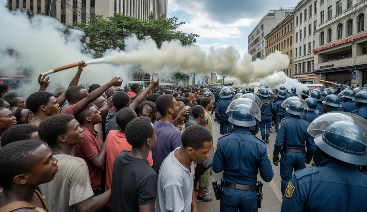Manifestants au Kenya en juin 2025 affrontant la police lors d'une commémoration marquée par une répression sévère, avec des gaz lacrymogènes et des jets de pierres à Nairobi
