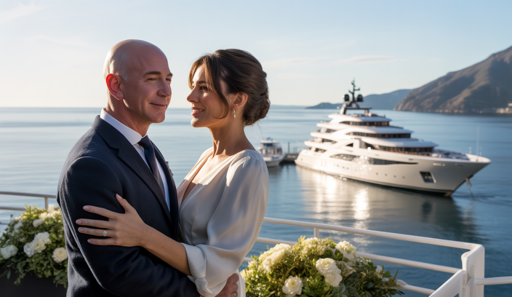 Jeff Bezos et Lauren Sánchez lors de leur mariage luxueux à Venise, avec vue sur la lagune et le superyacht Koru, ambiance festive et somptueuse
