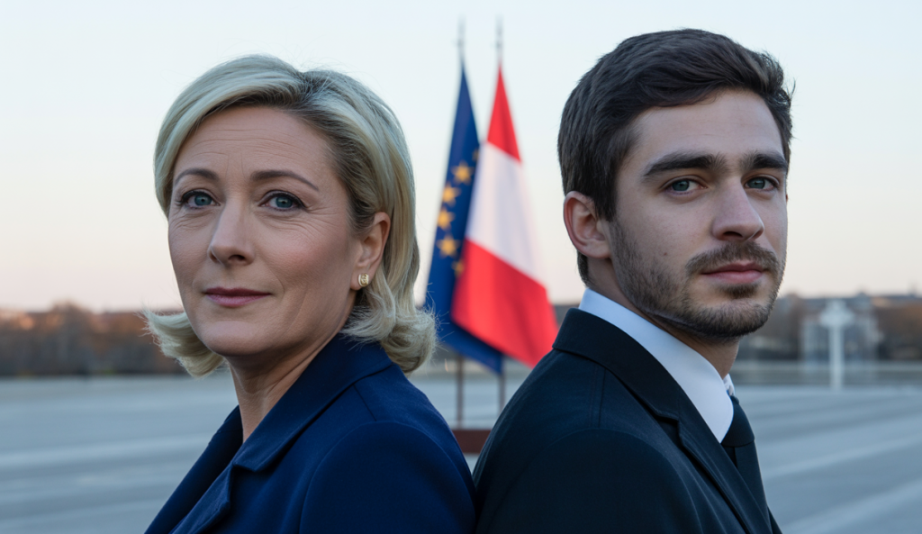 Portraits de Marine Le Pen et Jordan Bardella lors d'un événement politique, illustrant la préparation de la relève au sein du Rassemblement National pour la présidentielle française de 2027.