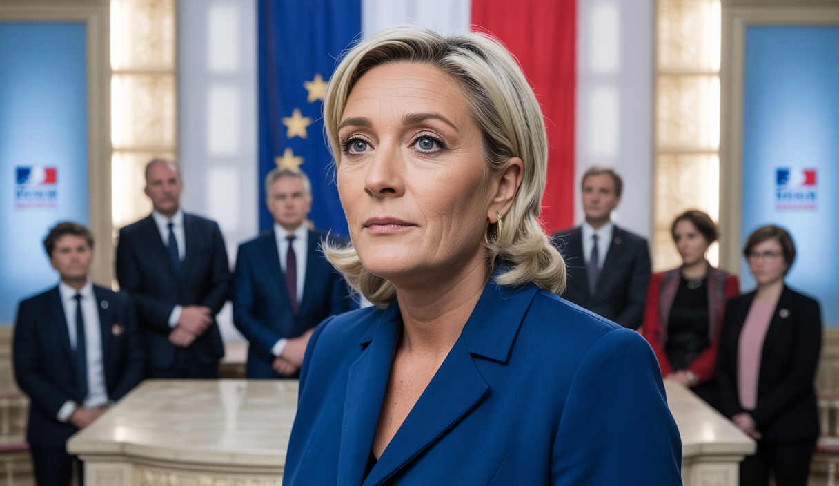 Marine Le Pen lors d'une convention politique du Rassemblement National, appelant ses troupes à se préparer à une possible dissolution de l'Assemblée nationale